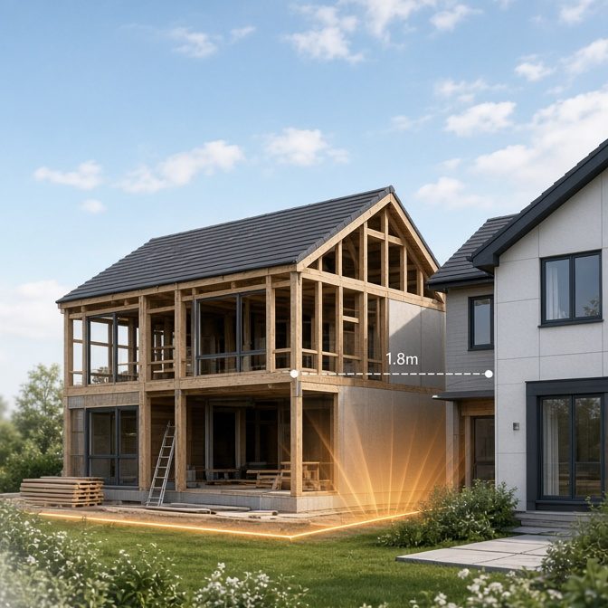 Fire Engineering An image of a timber frame building under construction and a review of the boundary distances in relation to radiating heat.